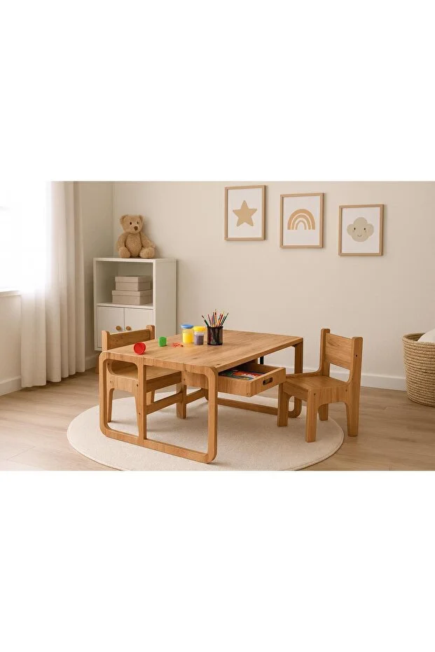 Çocuk Aktivite Oyun Masası - Çalışma ve Hamur Masası - 2 Sandalye- Mdf- 80 x 55 x 45 cm